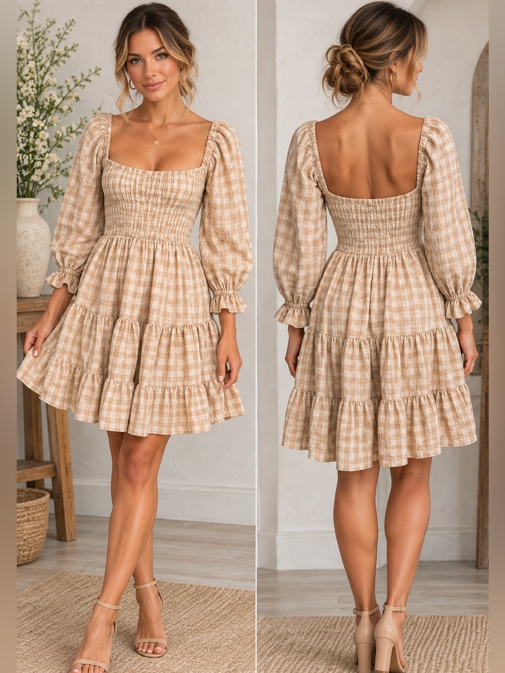 Mable Tan Beige Gingham Smocked Off Shoulder Cottagecore Babydoll Mini Dress S